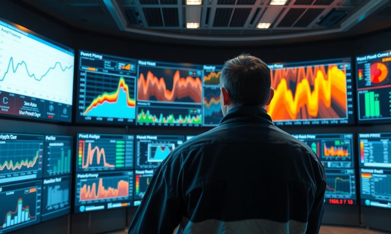 工程師在現代化工廠的控制室監看能源數據