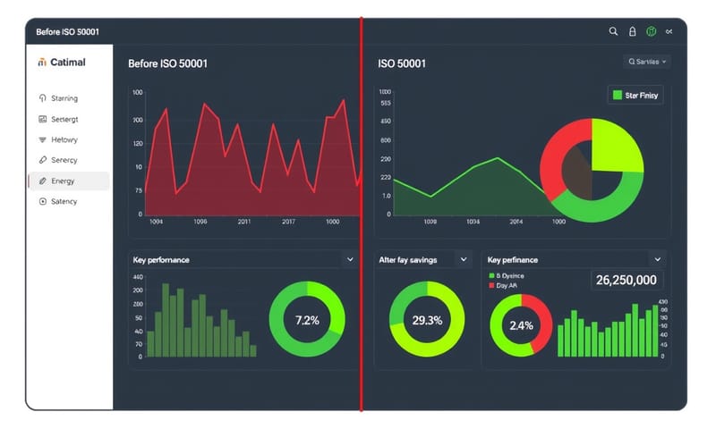 ISO 50001 導入前後的能源績效儀表板對比。