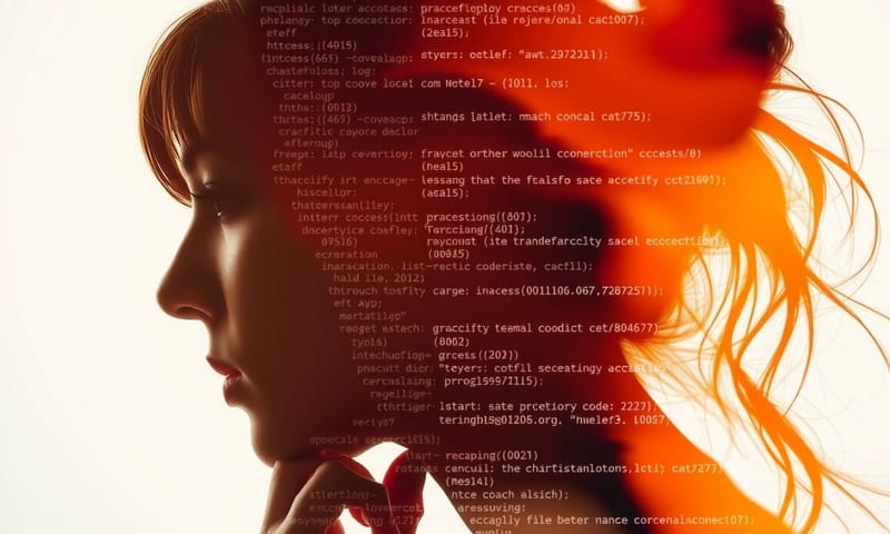 一名開發者與程式碼的雙重曝光藝術照