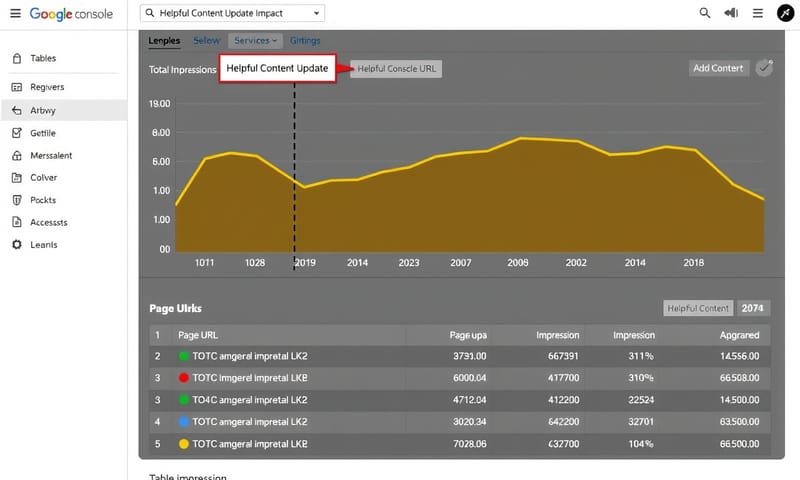 Google Search Console 中，可以看到實用內容更新後，部分低品質頁面的曝光量明顯下滑。