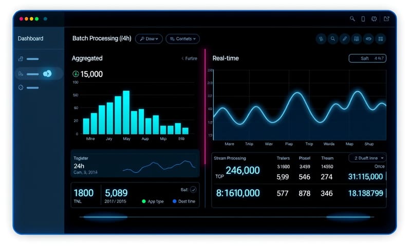 一個代表資料處理流程的儀表板，左邊是批次，右邊是即時串流