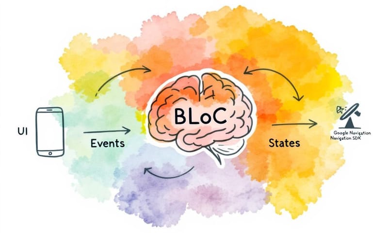 BLoC 就像導航系統的大腦，負責跟 UI 和 Google SDK 溝通。