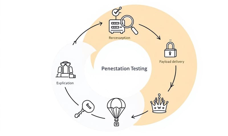 滲透測試的五個階段，從偵查到維持存取權限的流程示意。