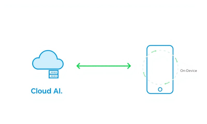 雲端 AI 與裝置端 AI 的資料流動示意圖。